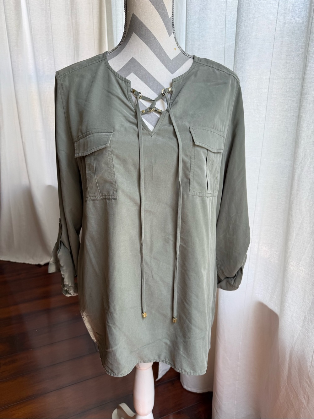 Chico's Olive-Tone Utility Top with Lace-Up Detail